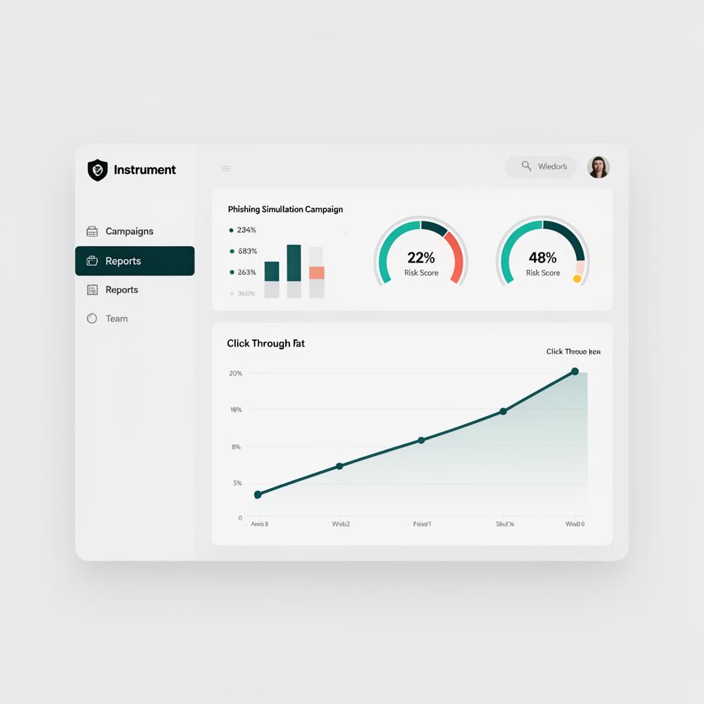 Nordvakt admin dashboard showing phishing simulation analytics, risk scores, and click-through trends